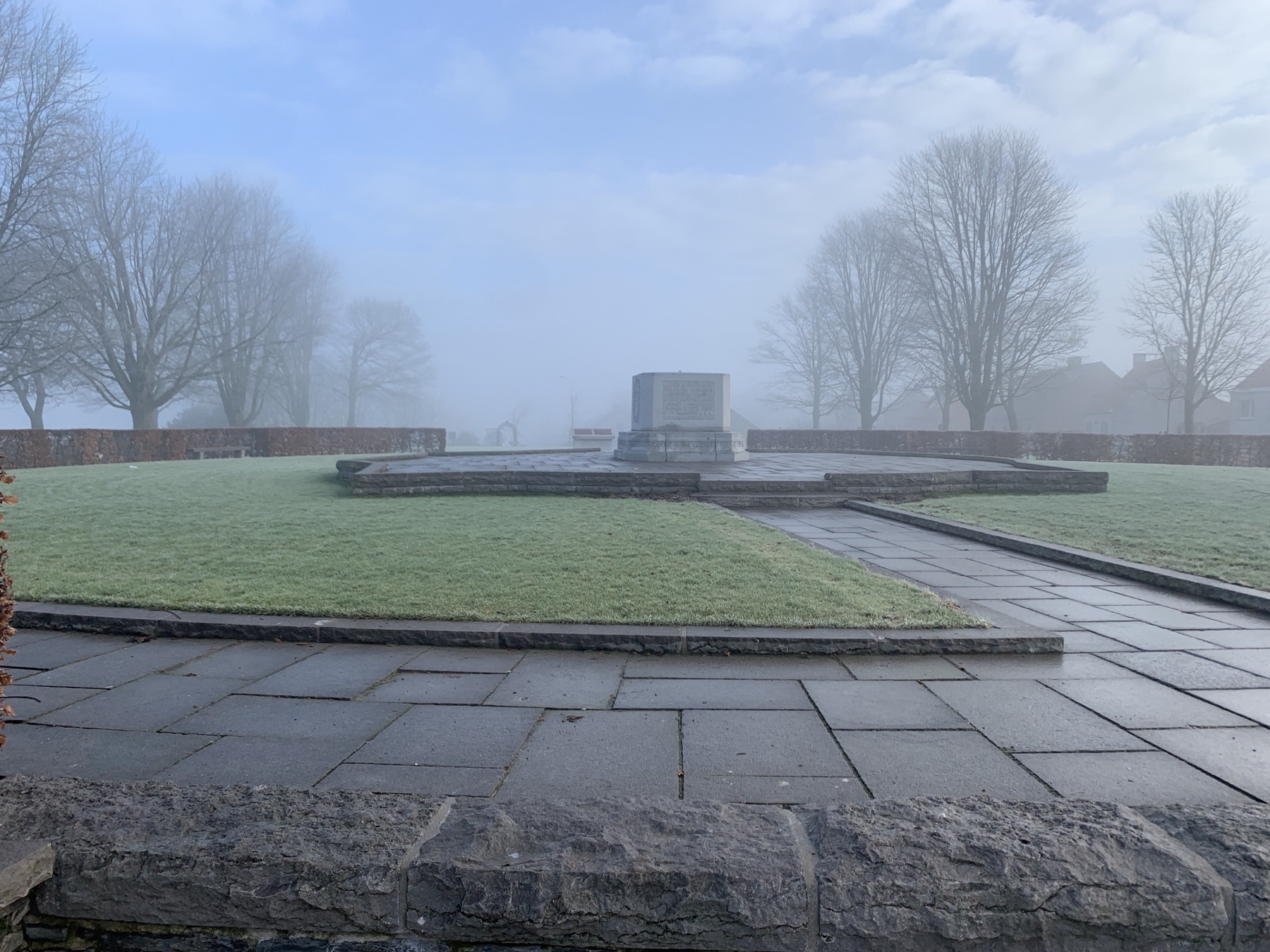 A misty war memorial in Flanders