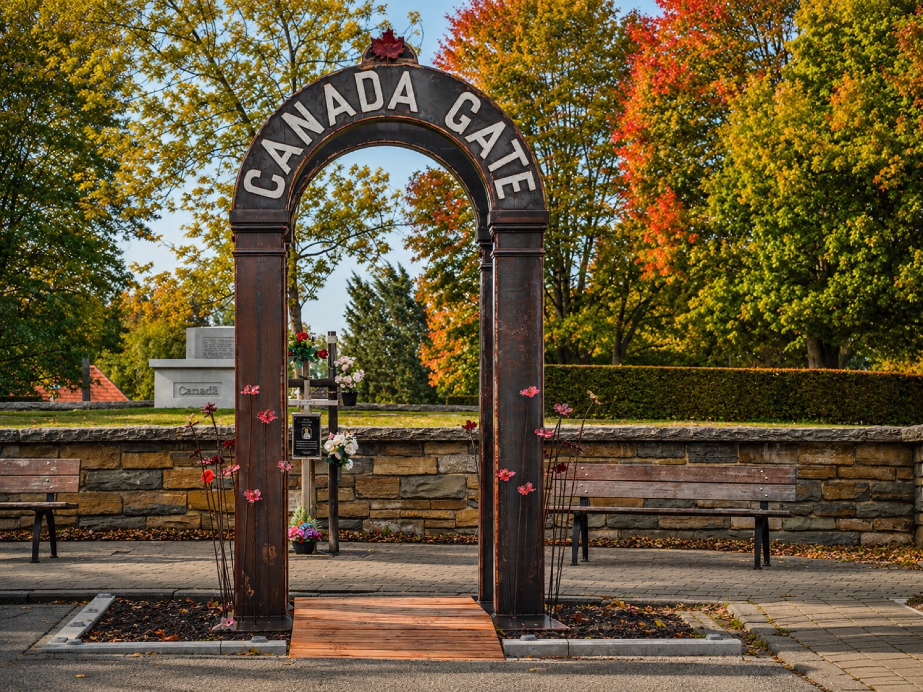 The Canada Gate memorial arch at Tyne Cot Cemetery in autumn