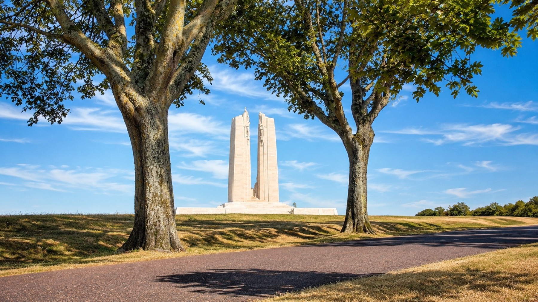 The Canadian National Vimy Memorial framed by trees on a clear day