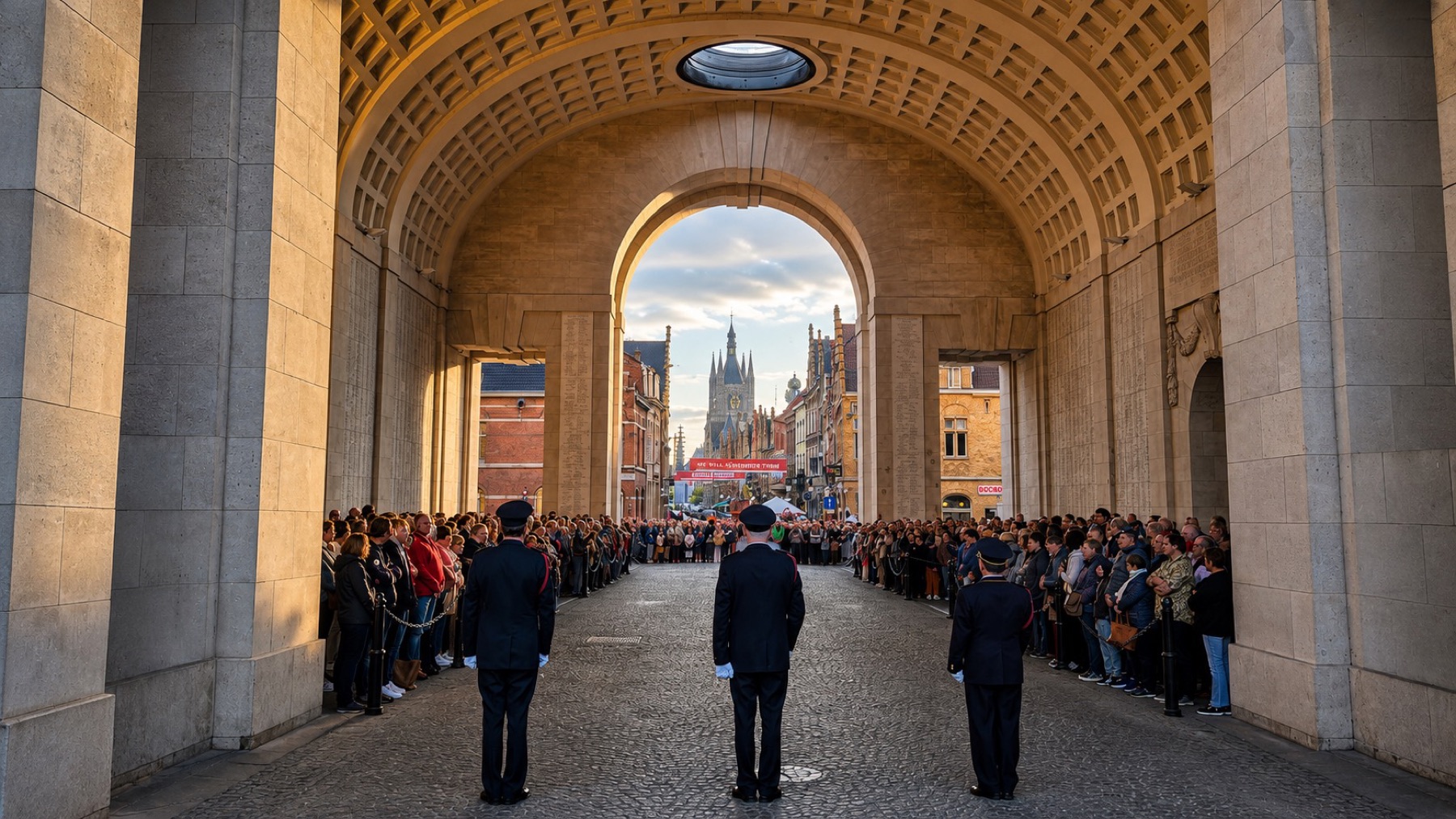 Buglers and a crowd of visitors gathered for the Last Post Ceremony beneath the Menin Gate Memorial in Ypres