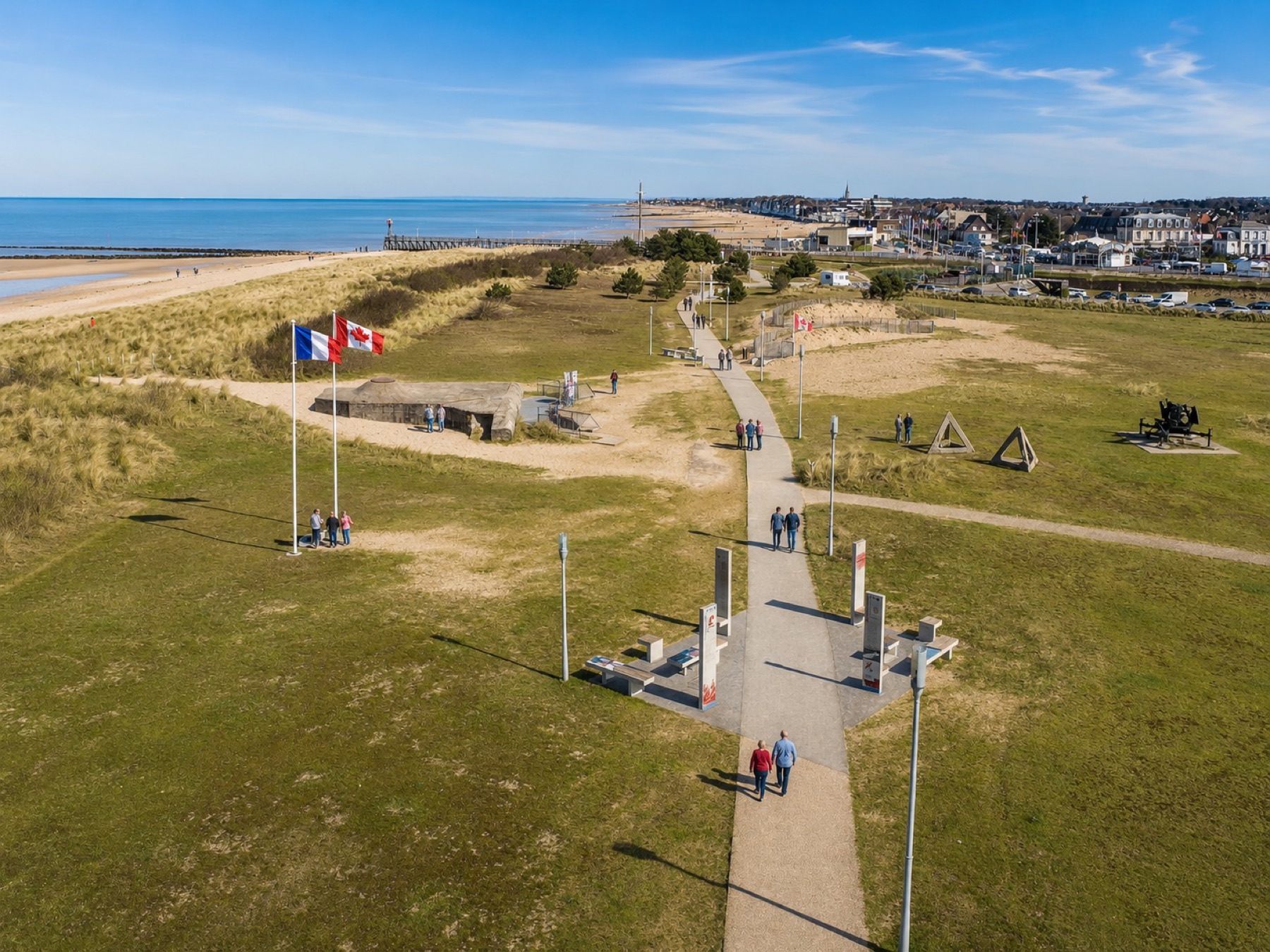 Aerial view of Juno Beach, with the Canadian memorial and preserved bunker in the foreground