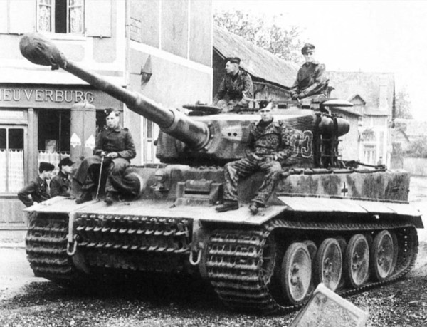 Archival photograph of a German Tiger tank and crew in Normandy
