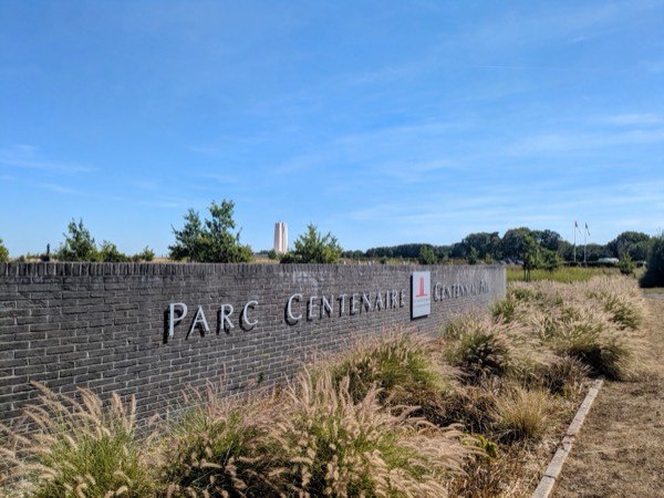 The entrance to Vimy Ridge's Centennial Park, with the Vimy Memorial in the distance