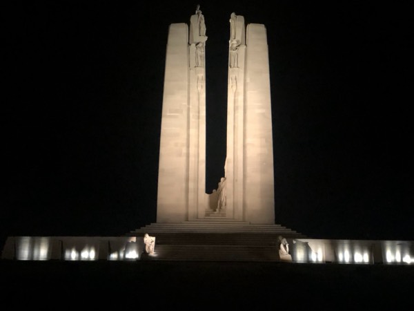 The Canadian National Vimy Memorial illuminated at night, viewed from below